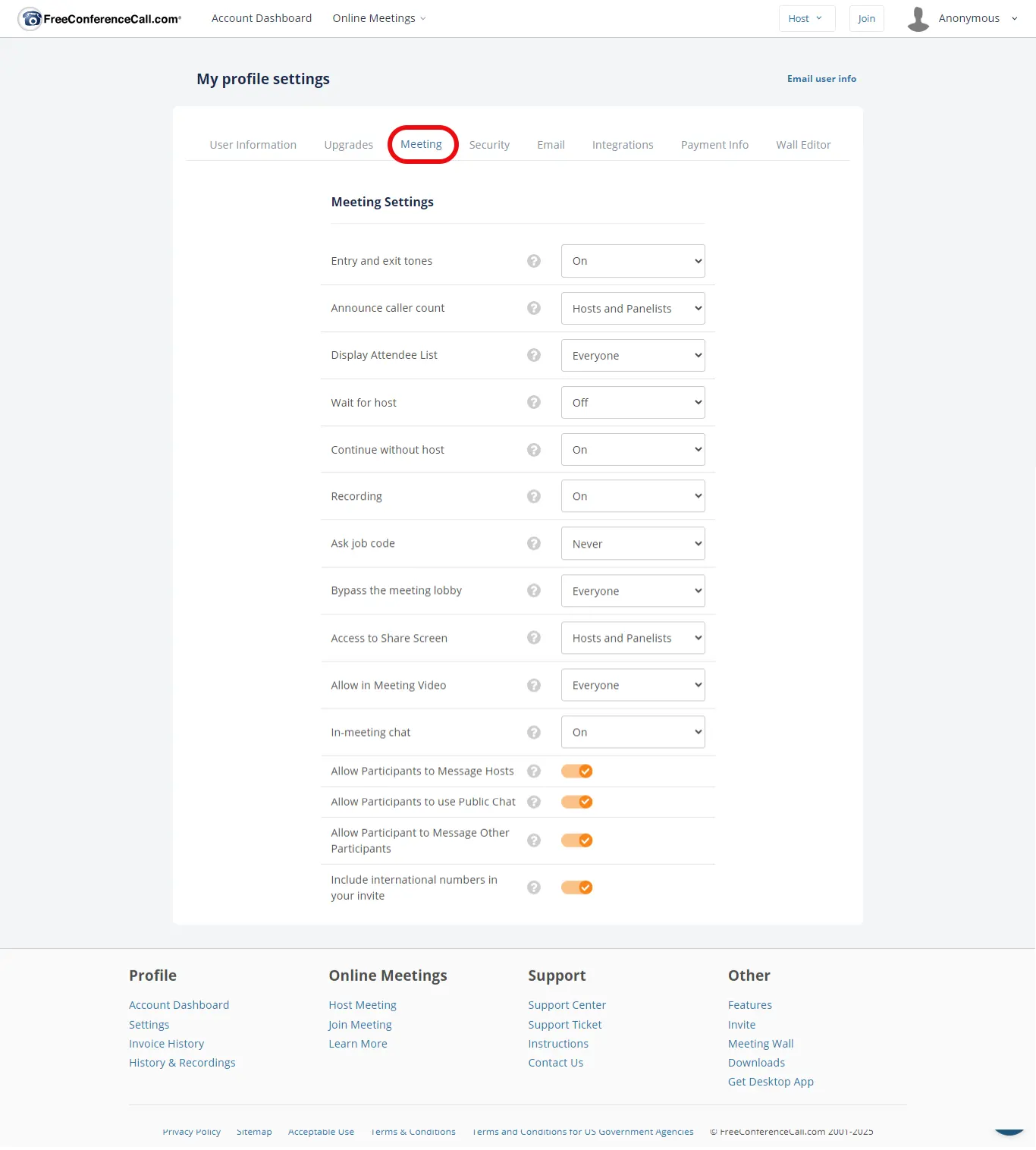 تنظیمات جلسات